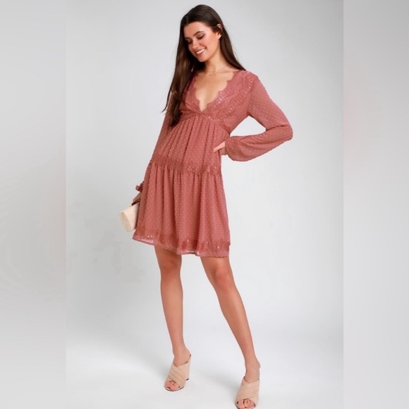 Lulus Dusty Rose Swiss Dot Mini Dress - Picture 1 of 5